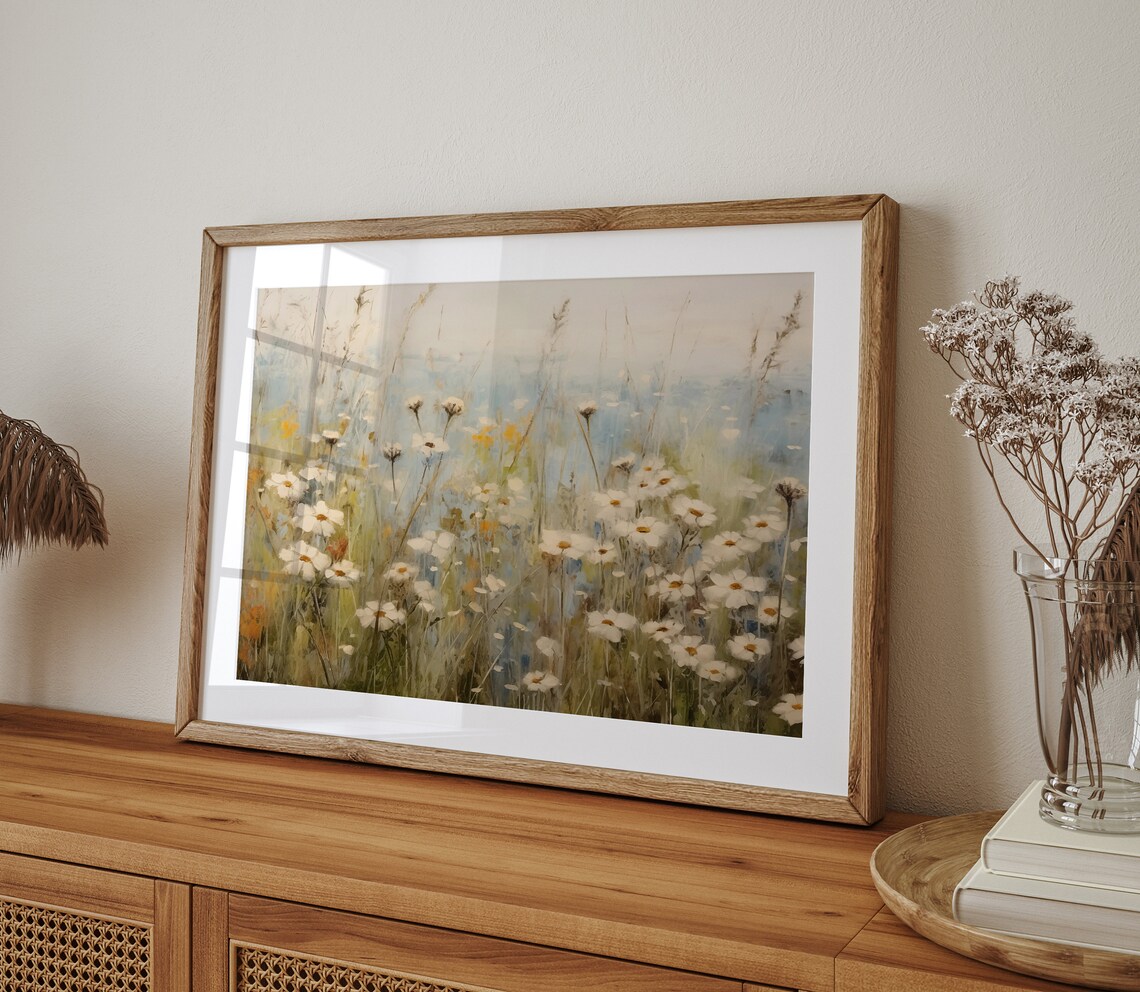 Airy White Daisy Field Soft Blue Sky Vintage Impressionist Floral Art Poster - Image 3