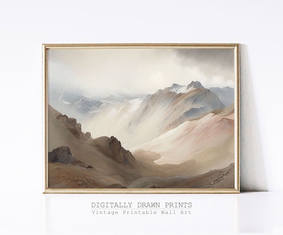 Vintage Mountain Landscape Painting Muted Mountain Painting Antique Neutral Watercolor Aesthetic Rustic Country Print