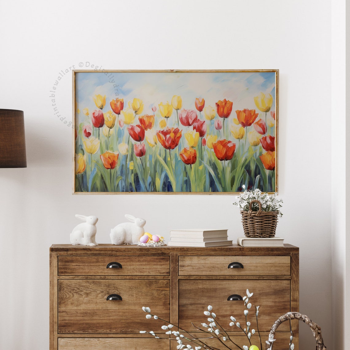 Red Yellow Orange Tulips Under Blue Sky Spring Field Art Print - Image 5