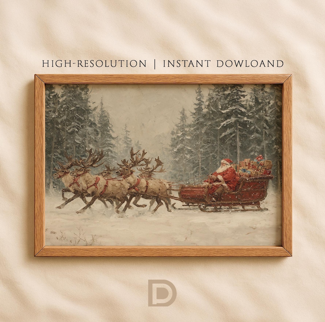 Santa Sleigh Rustic Holiday Reindeer Wall Art Print