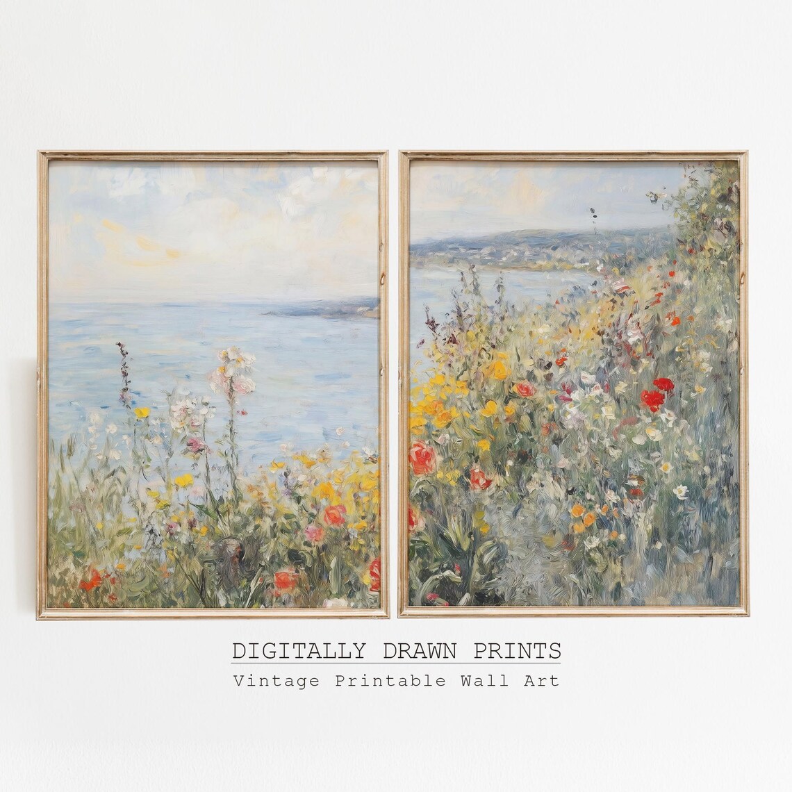 Coastal Wildflowers Set of 2, Vintage Floral Art