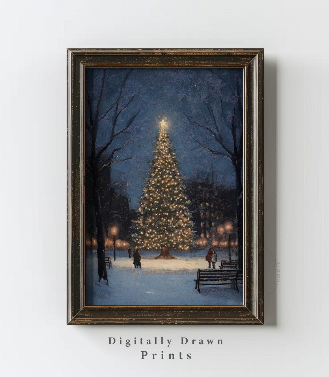 Lit Christmas Tree Snowy Park Night Benches Warm Lamps Poster - Image 2