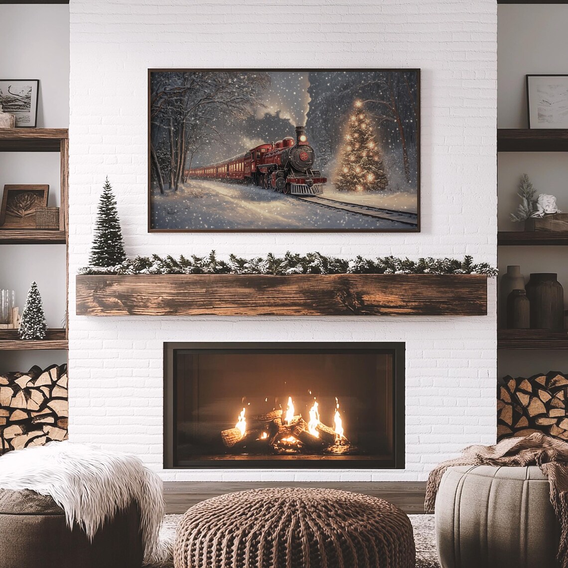 Vintage Christmas Train Art Print, Neutral Winter Scene - Image 5