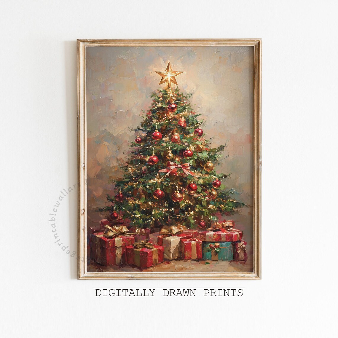 Vintage Christmas Tree Art Print, Neutral Holiday