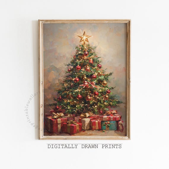 Vintage Christmas Tree Art Print, Neutral Holiday