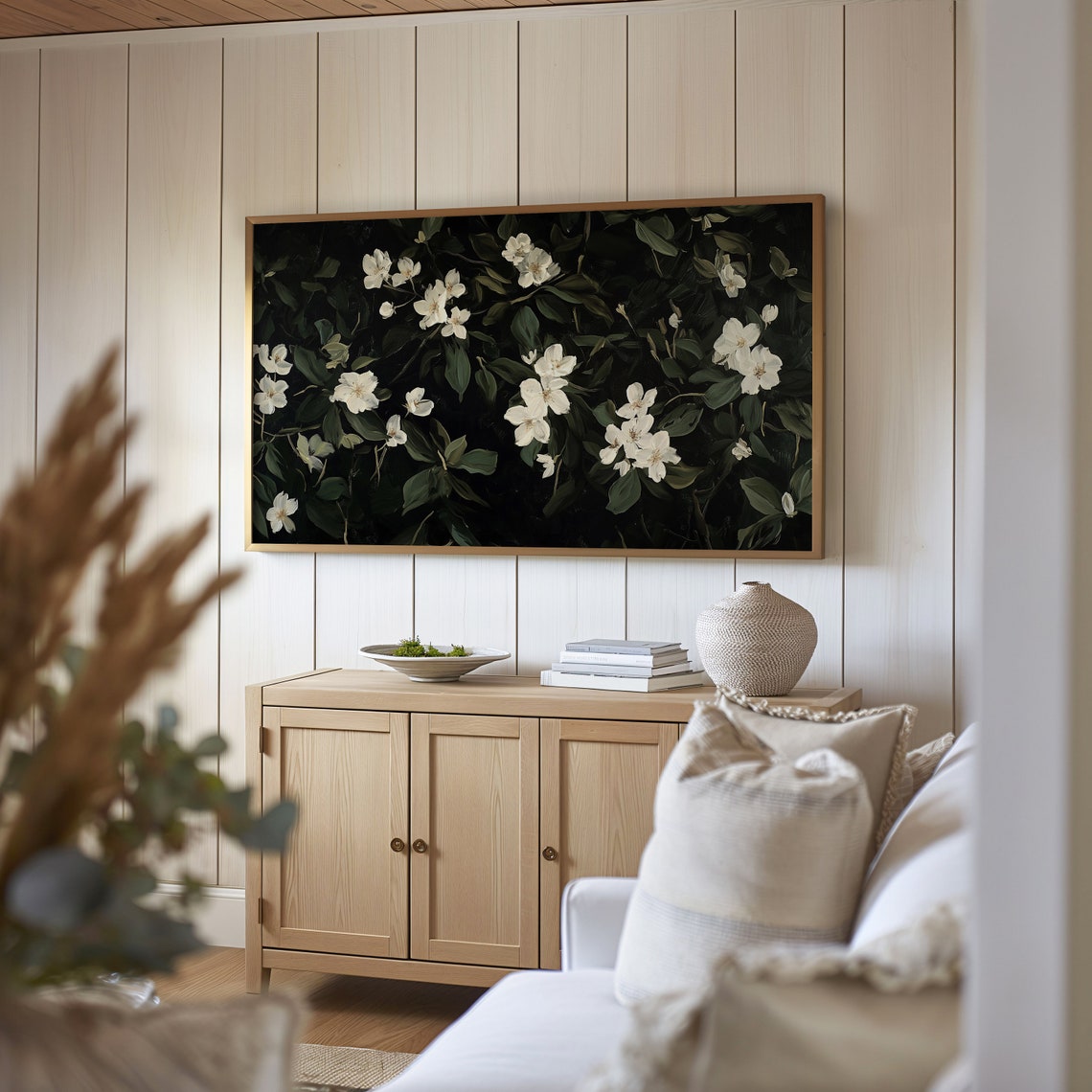 Dark Moody White Floral Blossoms on Black Botanical Night Print - Image 4