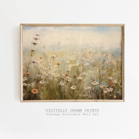 Delicate White Daisies Tall Grasses Neutral Vintage Floral Meadow Art Poster