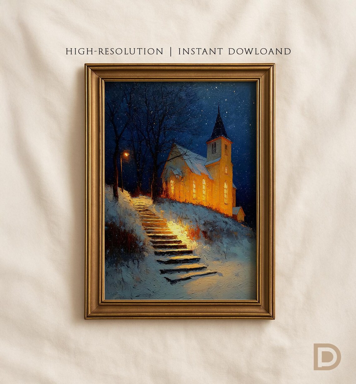 Vintage Christmas Church Painting, Winter Landscape