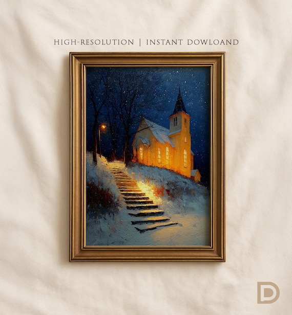 Vintage Christmas Church Painting, Winter Landscape