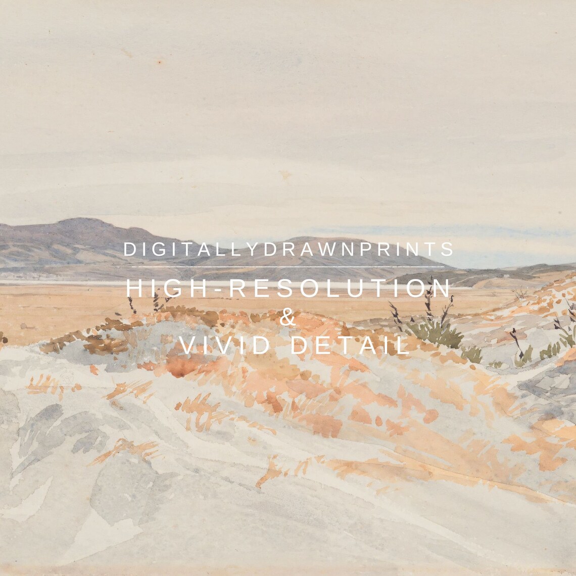 Muted Sand Dunes Sparse Grasses Distant Hills Watercolor Landscape Poster - Image 2