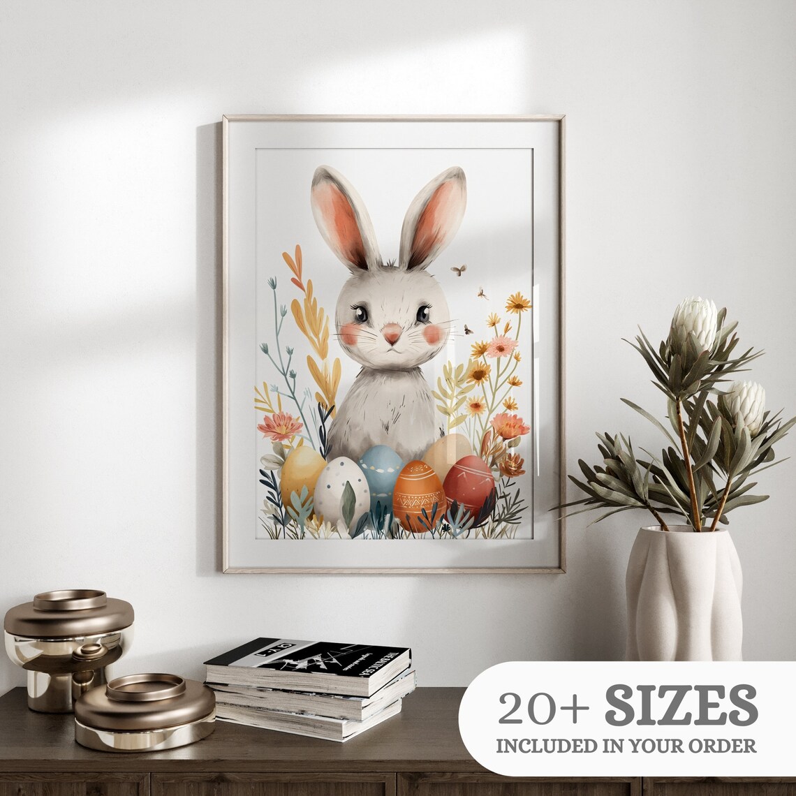 Cute Easter Bunny with Painted Eggs Spring Wildflowers Nursery Print - Image 3