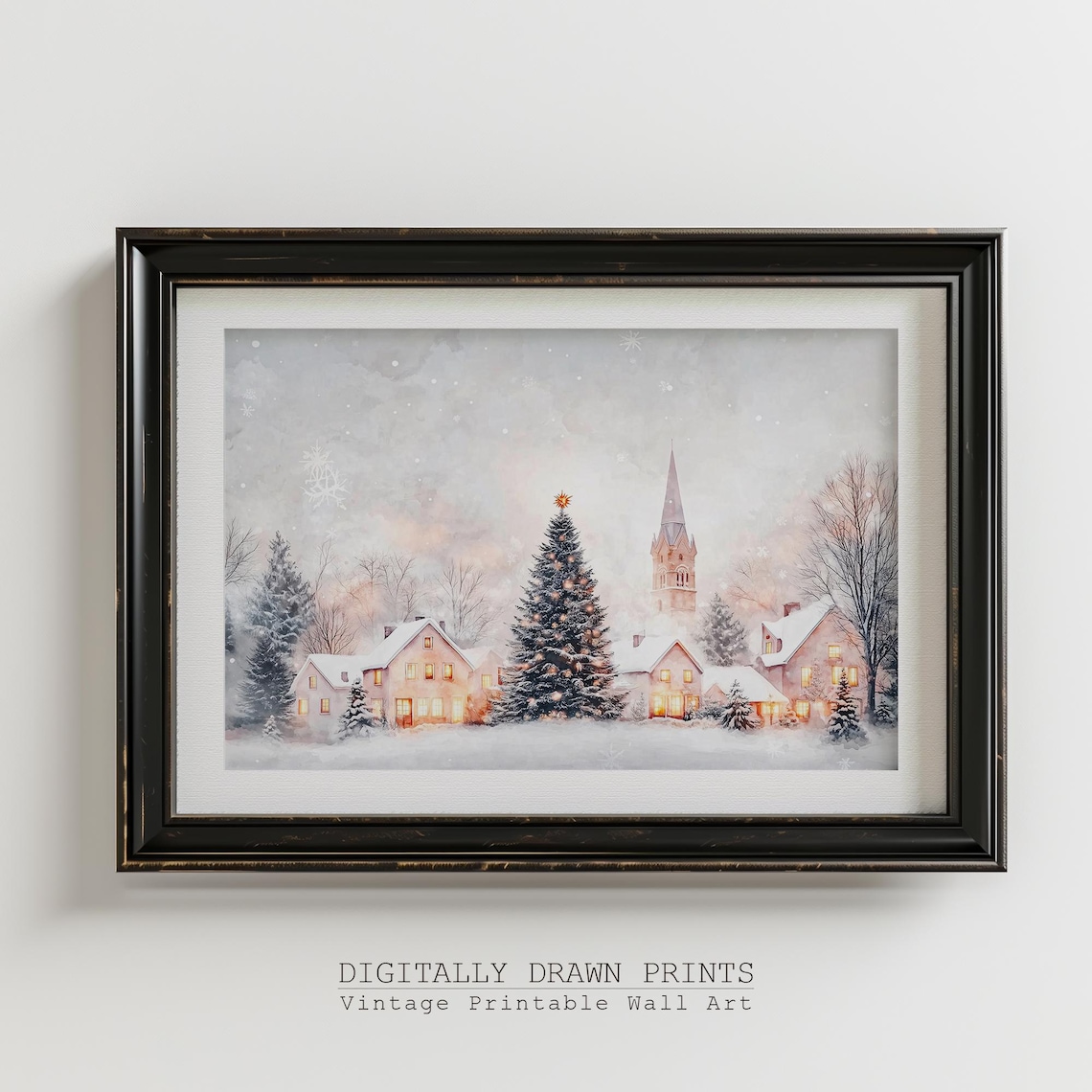 Neutral Christmas Village Art Print, Winter Church Scene - Image 2