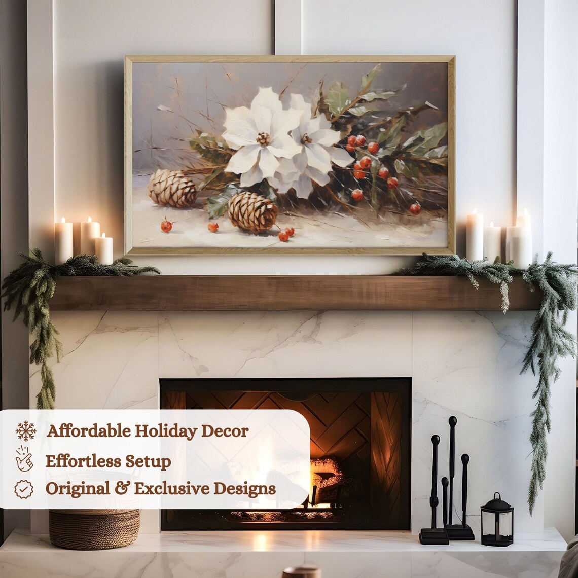 White Poinsettia Pinecones Red Berries Christmas Floral Art Poster - Image 3