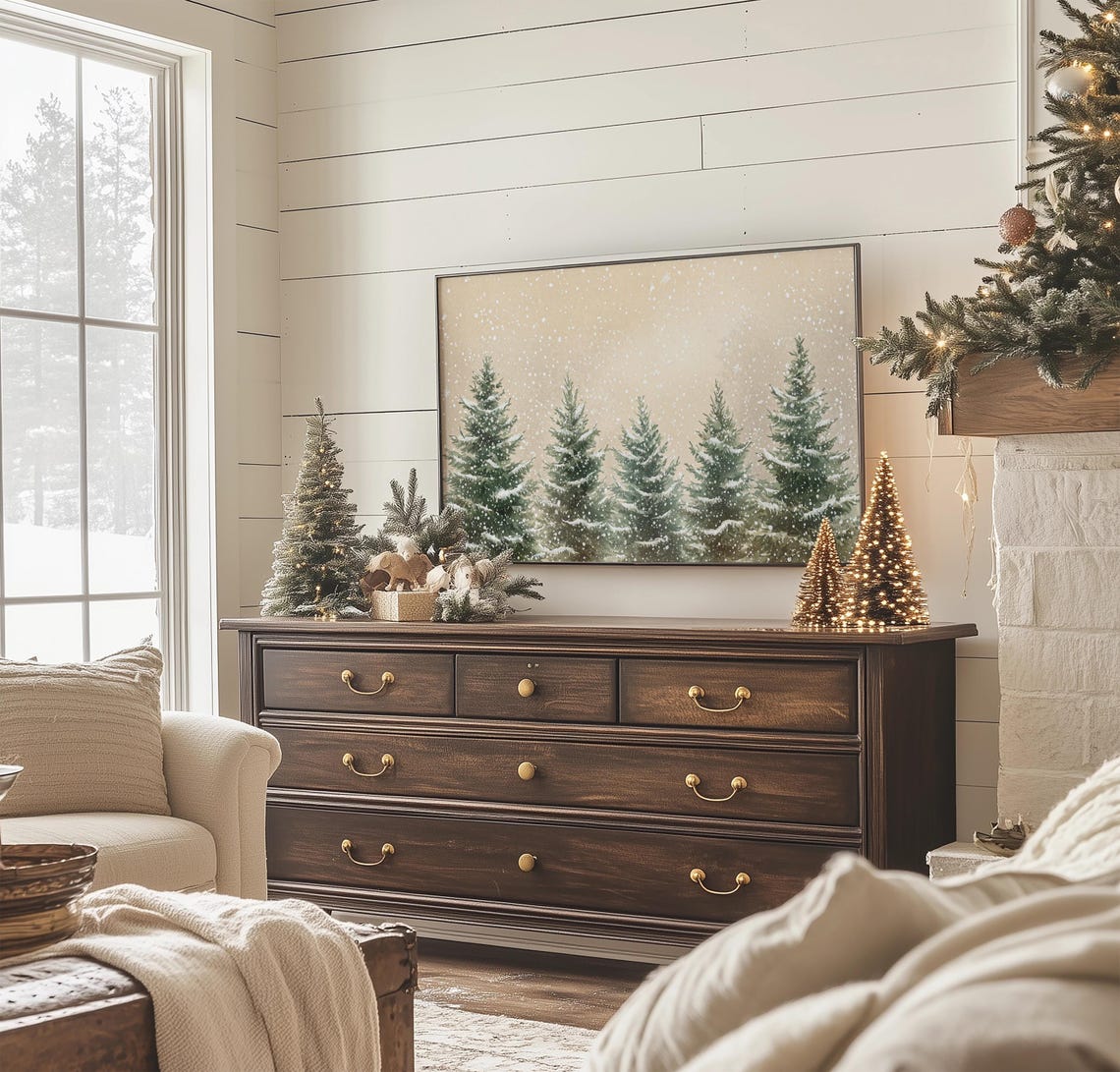 Snowy Evergreen Trees Row Falling Snow Beige Sky Christmas Poster - Image 3
