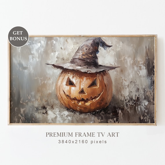 Jack O Lantern Wearing Witch Hat Rustic Gray Background Halloween Poster