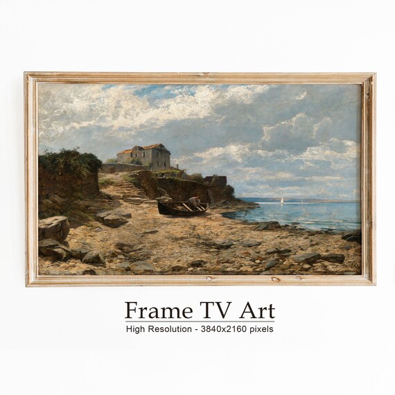 Mediterranean Rocky Shore Stone Villa Fishing Boat Vintage Coastal Poster