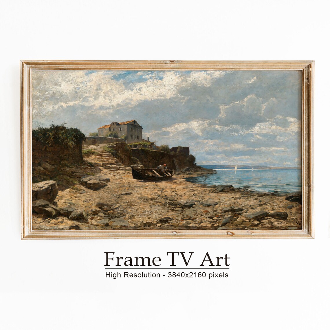 Mediterranean Rocky Shore Stone Villa Fishing Boat Vintage Coastal Poster