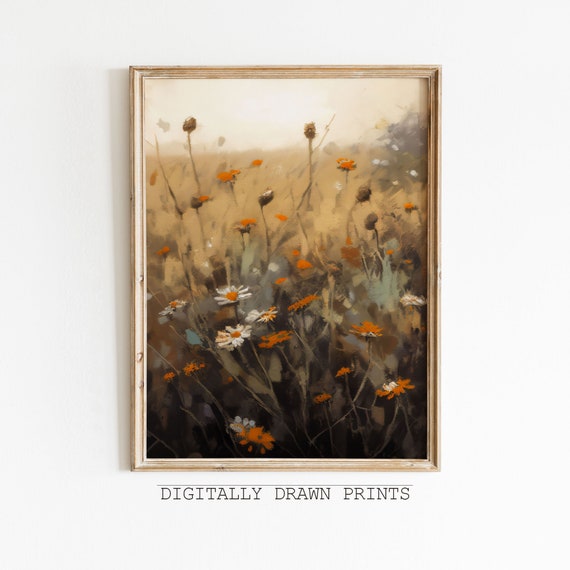 Autumn Wildflower Vintage Poster, Country Field Landscape