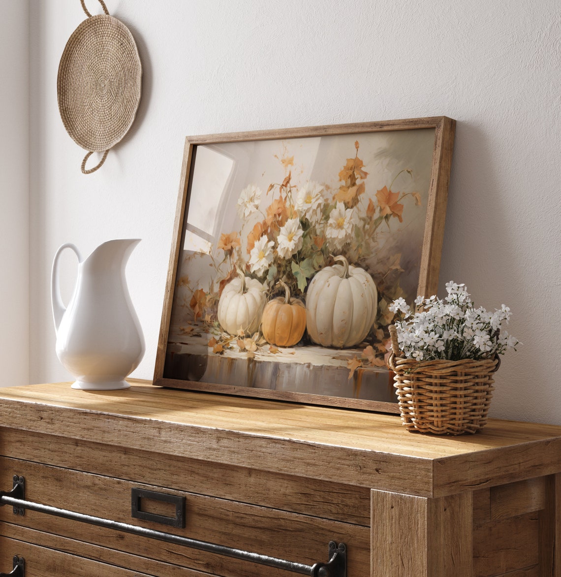 White Pumpkins with Autumn Blooms Rustic Fall Harvest Still Life Print - Image 2