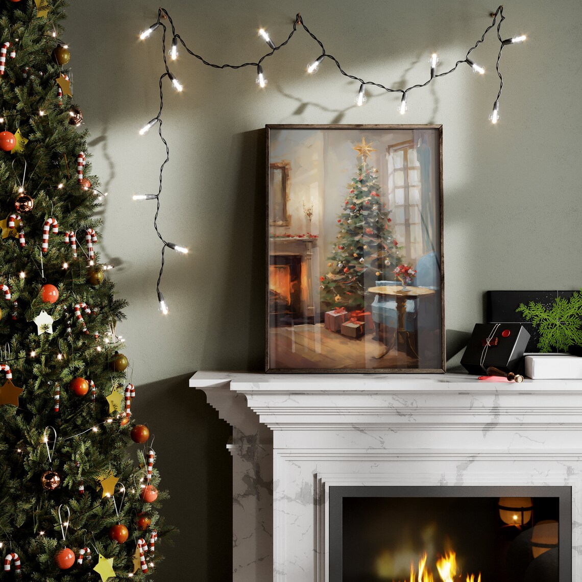 Vintage Christmas Tree Oil Painting, Farmhouse Decor - Image 2
