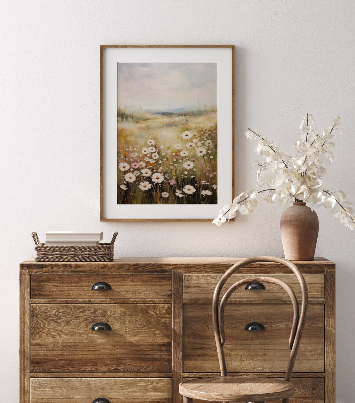 White Daisies and Pink Wildflowers Misty Golden Meadow Print - Image 2