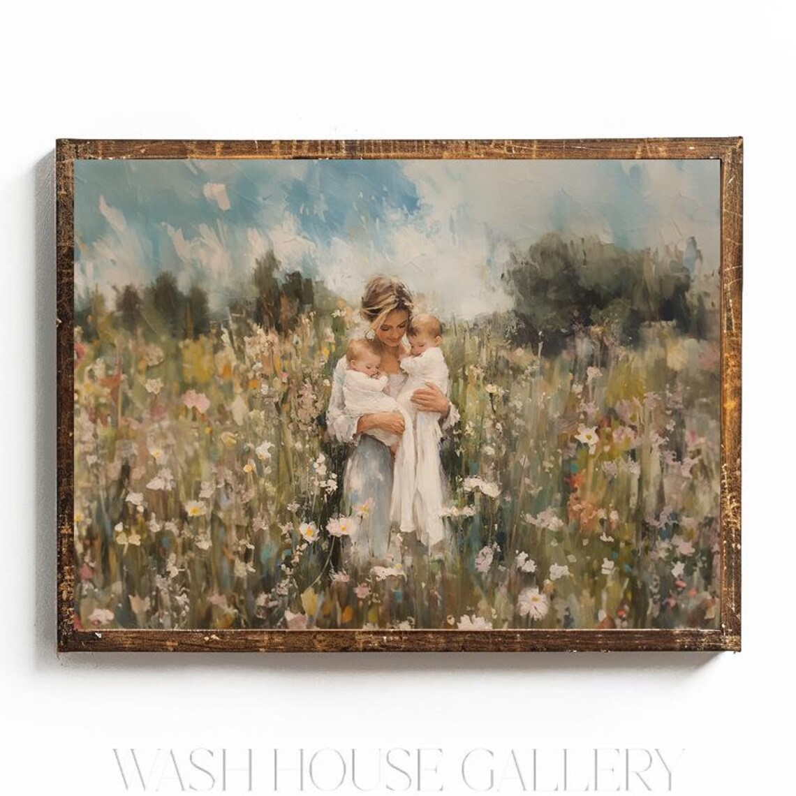 Mother Holding Two Babies In Sunlit Wildflower Field Art Poster
