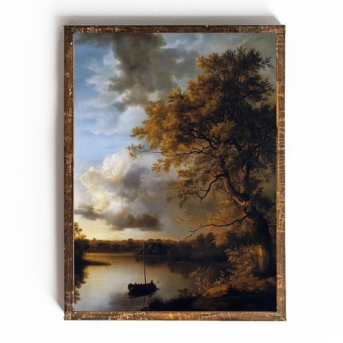 Glowing Golden Tree by a Calm River with a Boat at Dusk Poster