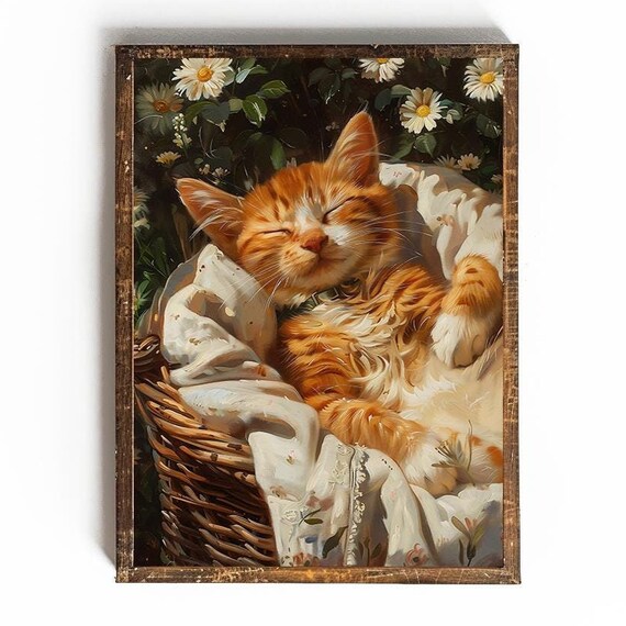 Orange Tabby Kitten Sleeping In Basket Vintage Cat Art Poster