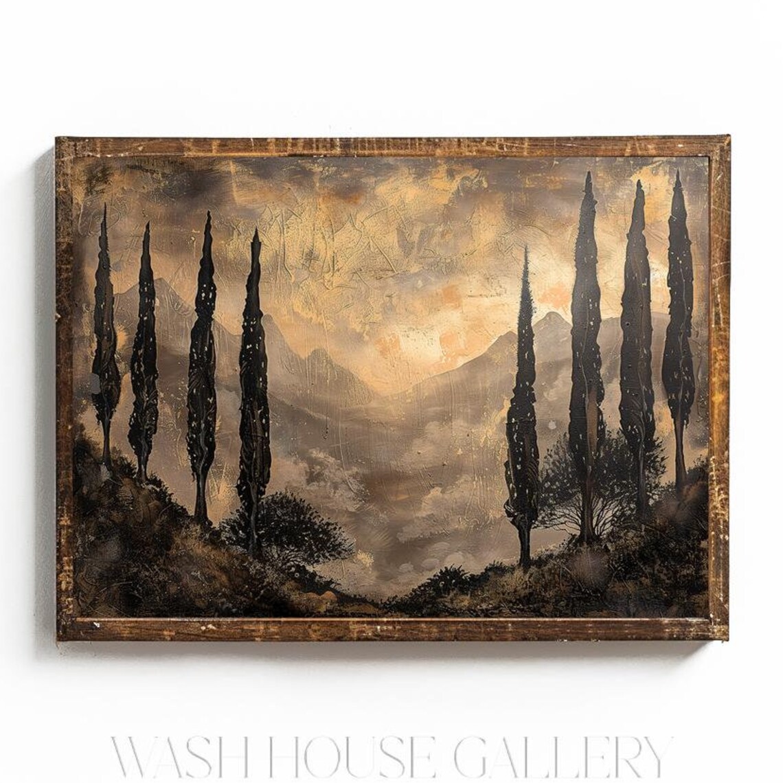 Dark Tuscany Cypress Trees Misty Mountains Vintage Landscape Poster