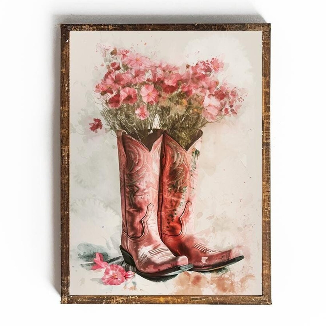 Pink Cowboy Boots Filled With Wild Cosmos Flowers Western Poster