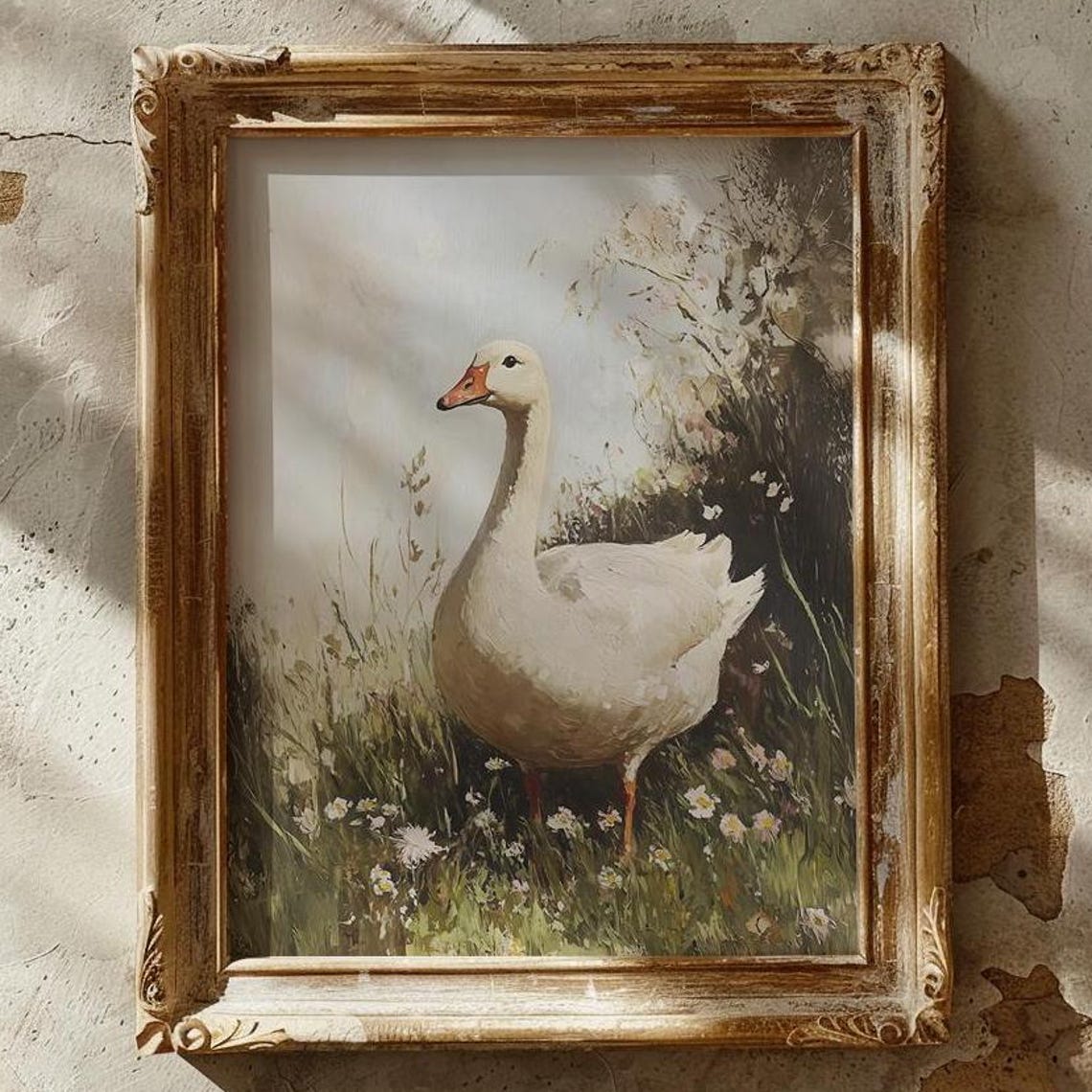 White Goose Standing in Wildflower Meadow Spring Bird Poster