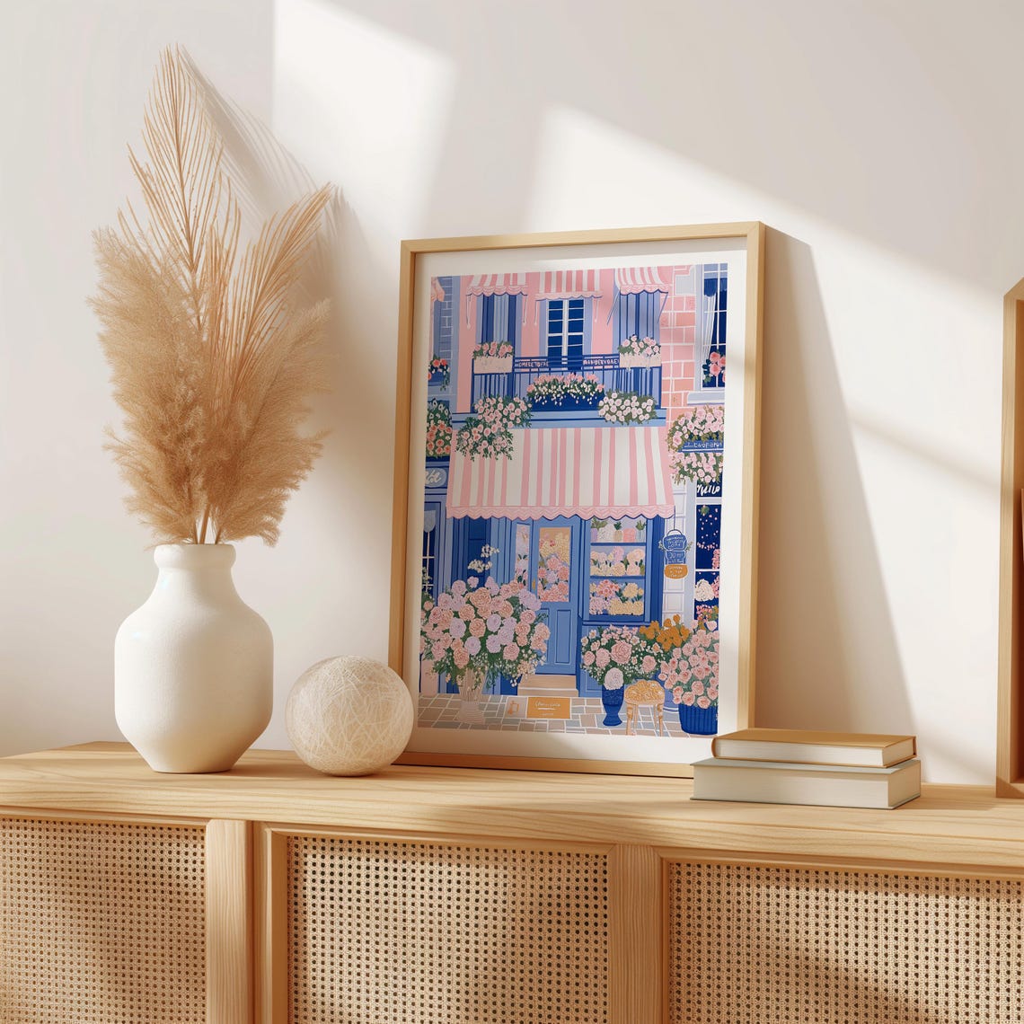 Parisian Blue Flower Shop With Pink Awning Overflowing Roses Print - Image 4