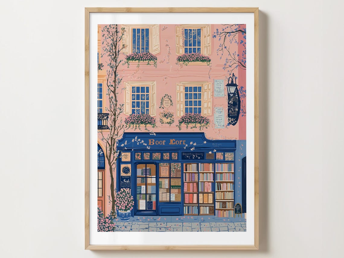 Old Bookshop Storefront With Blue Facade And Pink Building Poster