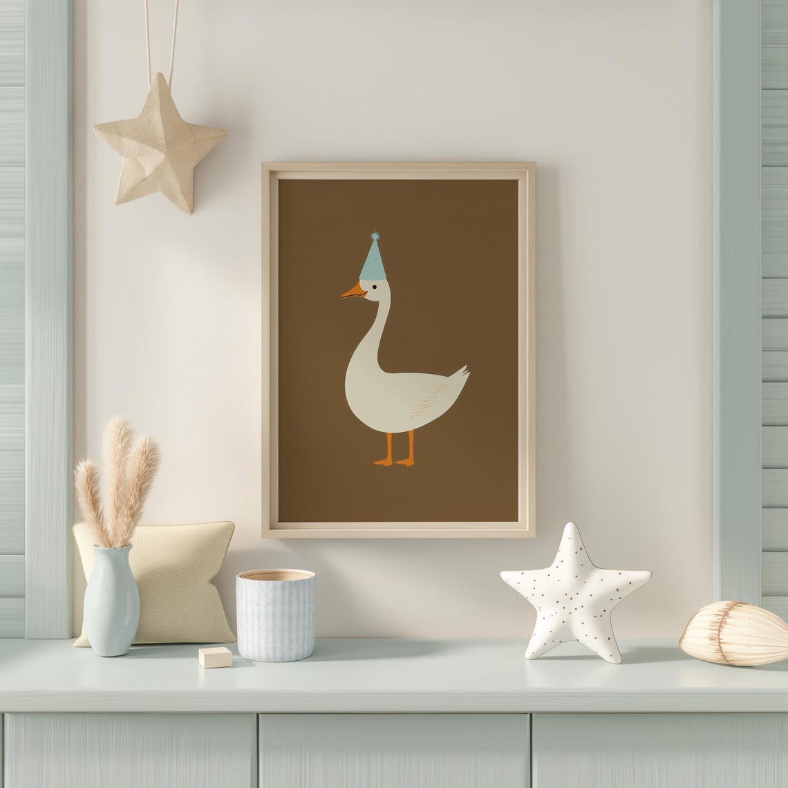 White Goose In A Blue Party Hat On A Warm Brown Minimal Art Poster - Image 5