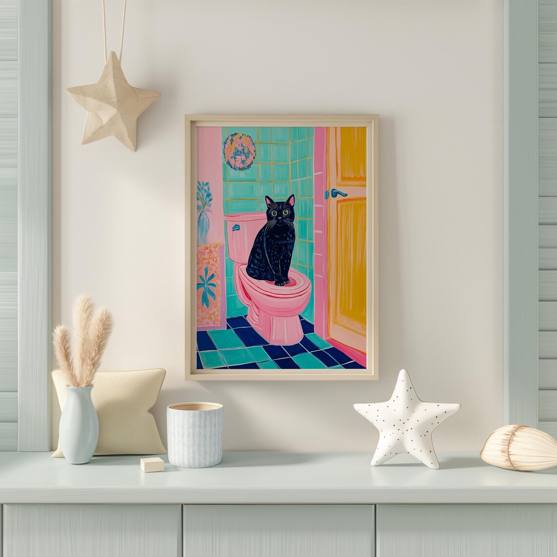Black Cat on a Pink Toilet in a Colorful Retro Bathroom Poster - Image 4