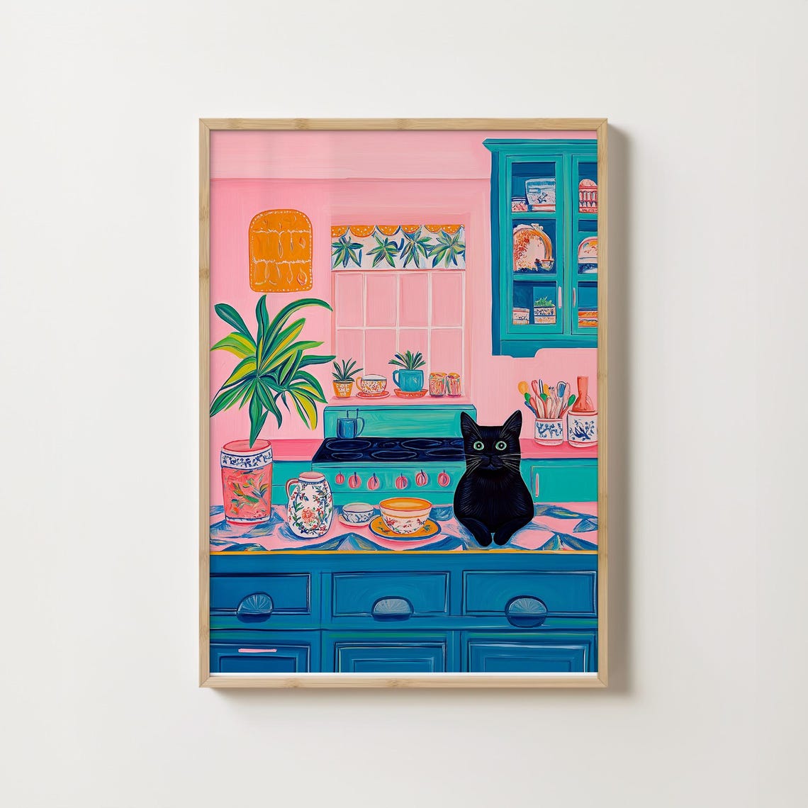 Black Cat Relaxing in a Cheerful Pink and Teal Kitchen Art Poster - Image 2