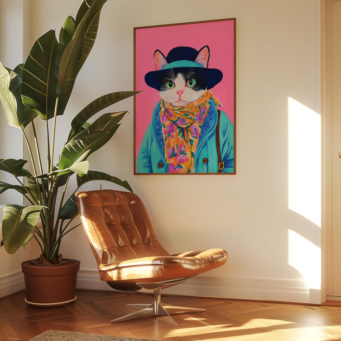 Dapper Cat Portrait In Hat Coat And Floral Scarf On Pink Poster - Image 3