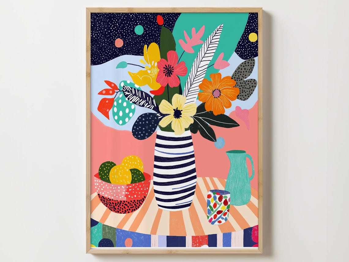 Naive Floral Still Life in Striped Vase With Lemons Wall Art