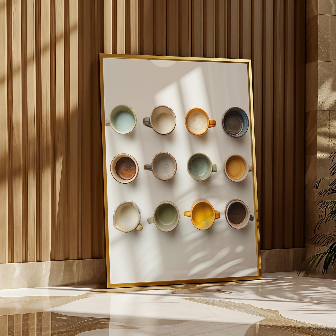 Twelve Empty Ceramic Coffee Mugs Arranged In A Grid On White Poster - Image 2