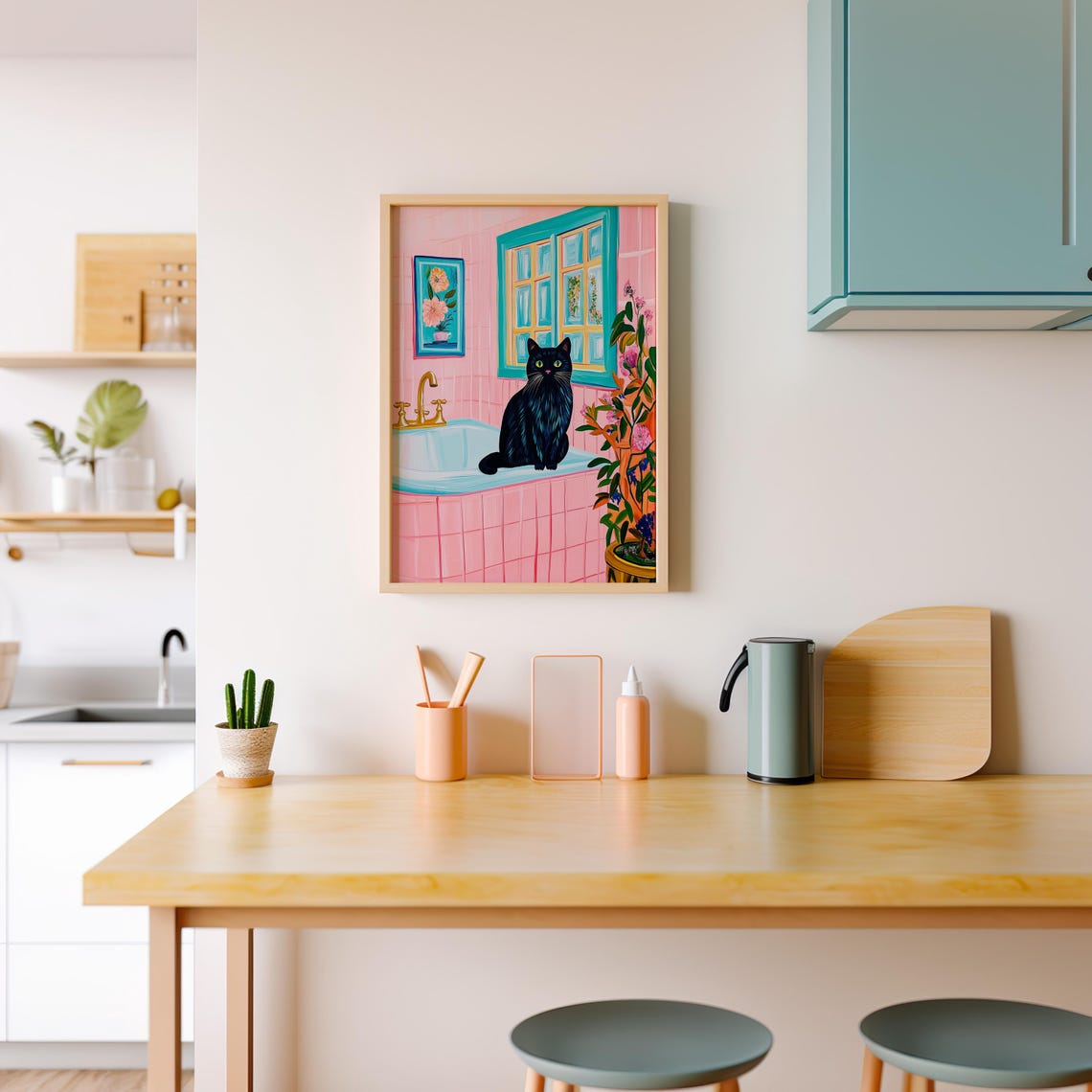 Black Cat Sitting on a Pink Tiled Bathroom Sink Cat Art Poster - Image 3