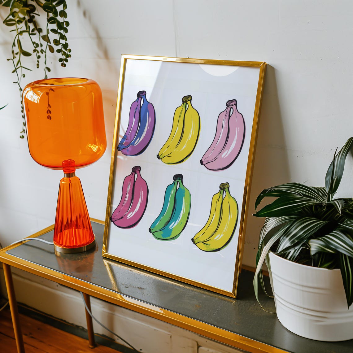 Six Pop Art Bananas in Bold Colors on a White Grid Design Wall Art - Image 4