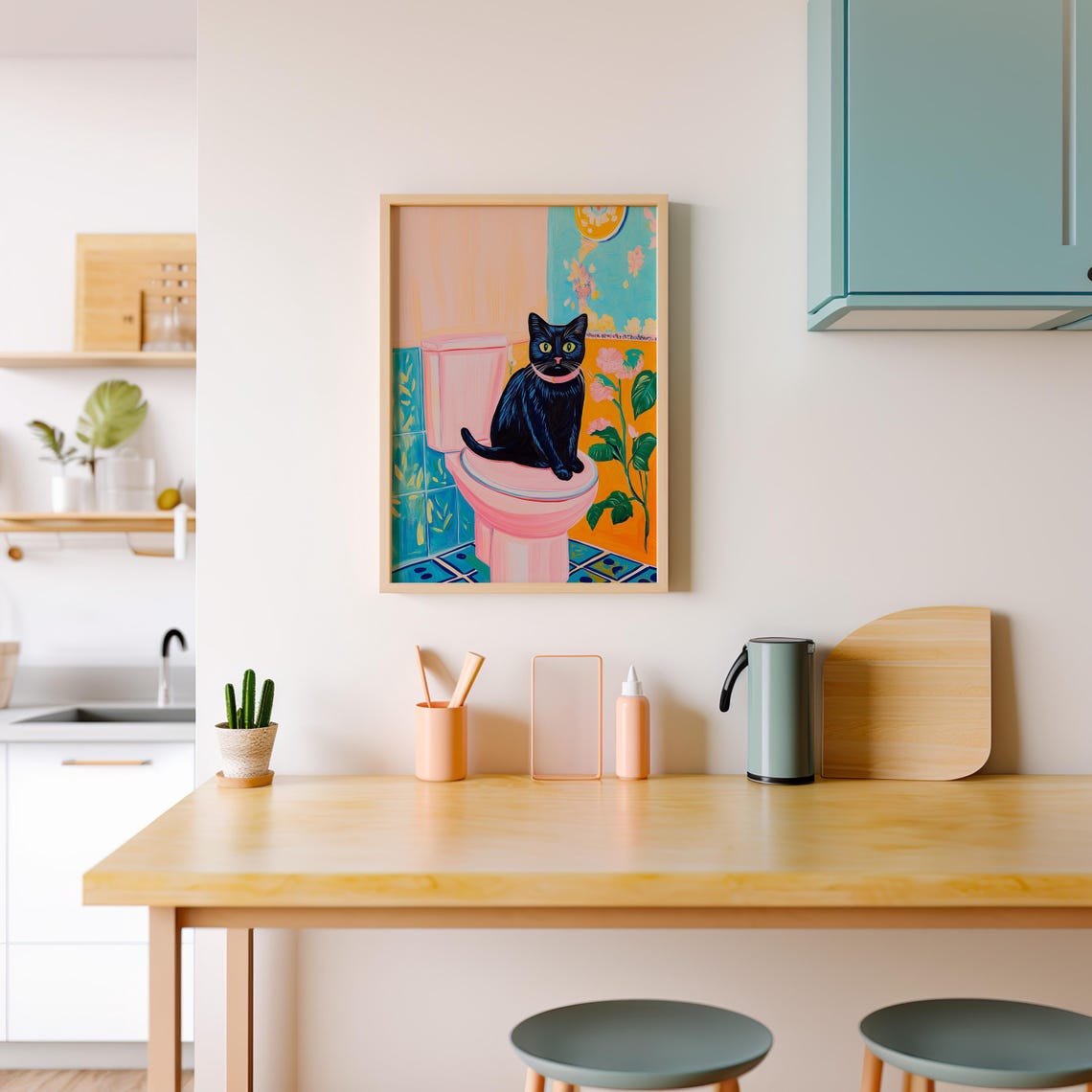 Black Cat With Pink Collar on a Tropical Bathroom Toilet Poster - Image 5