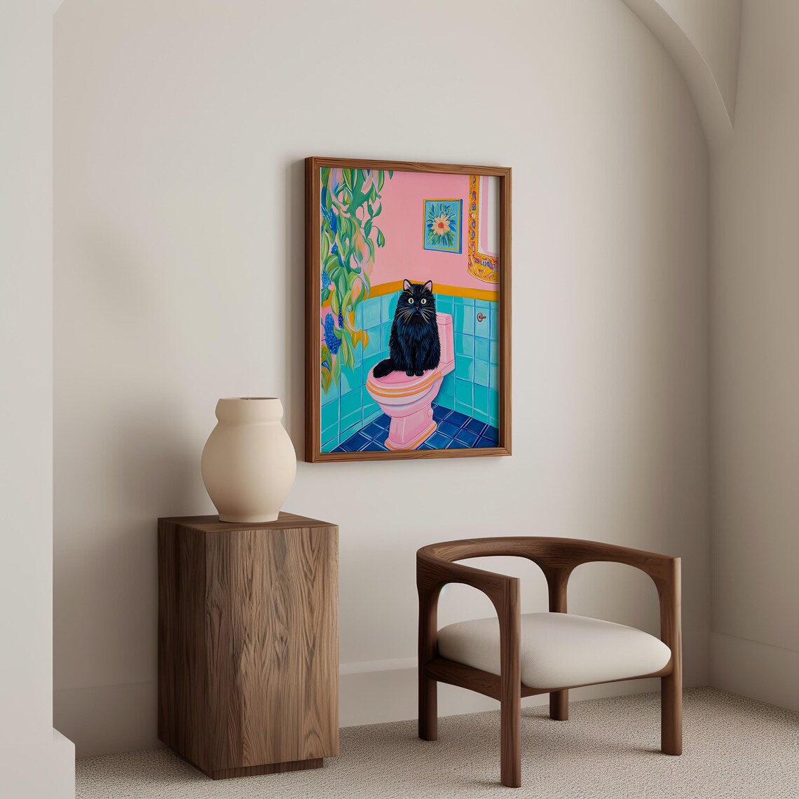 Black Cat On Pink Toilet In A Colorful Retro Pastel Bathroom Poster - Image 4