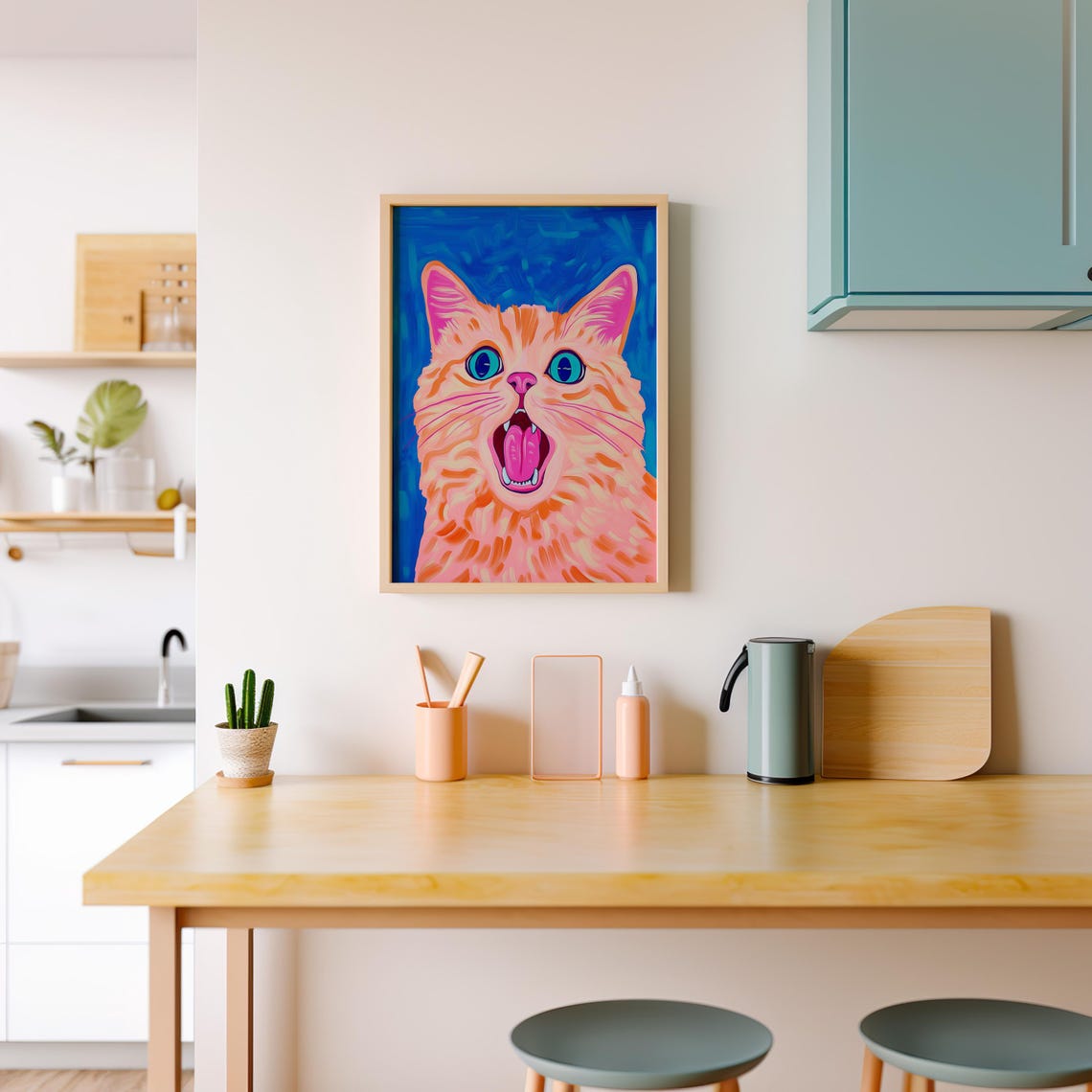 Goofy Orange Cat With Tongue Out On A Cobalt Blue Art Poster - Image 5
