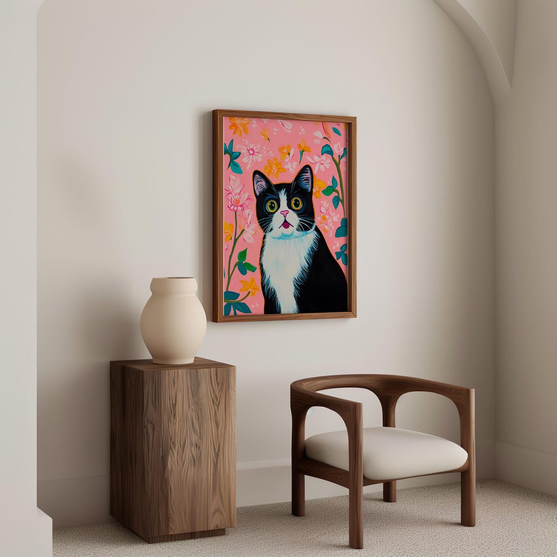 Surprised Black and White Tuxedo Cat Face on Pink Floral Poster - Image 6
