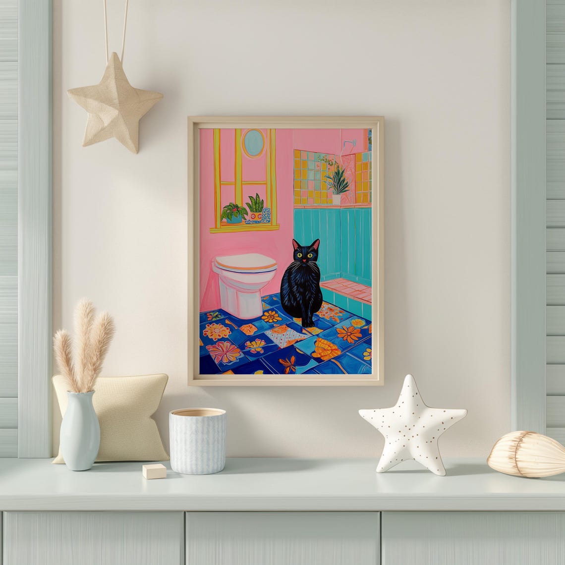 Black Cat Standing Beside a Toilet in Retro Pink Bathroom Poster - Image 3