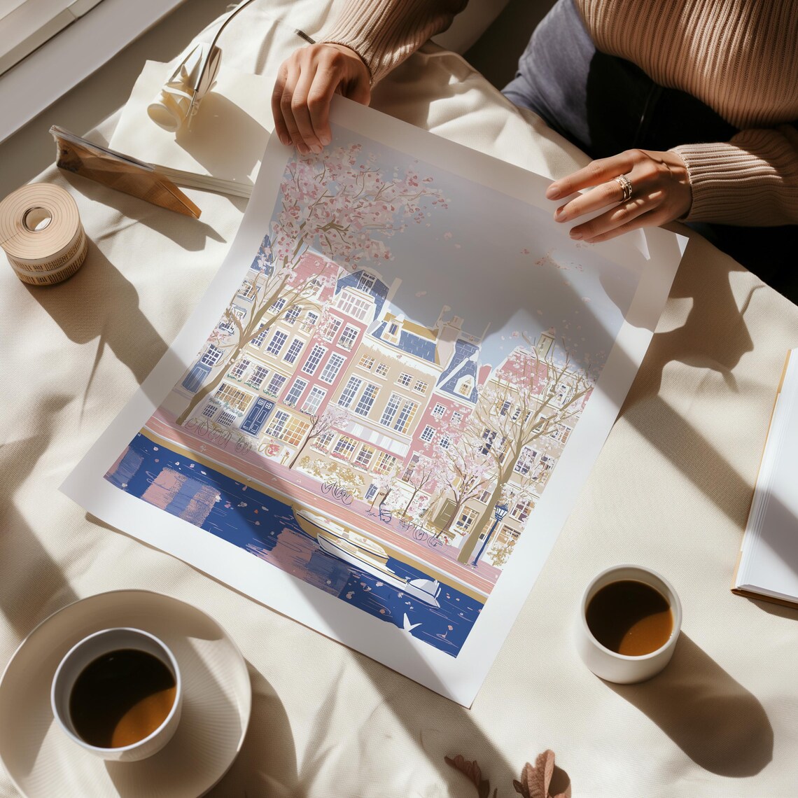 Amsterdam Pastel Canal Houses Cherry Blossom Boats Spring Poster - Image 3