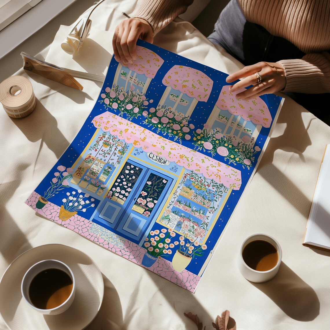 Midnight Blue Flower Shop With Pink Floral Awnings Art Print - Image 3