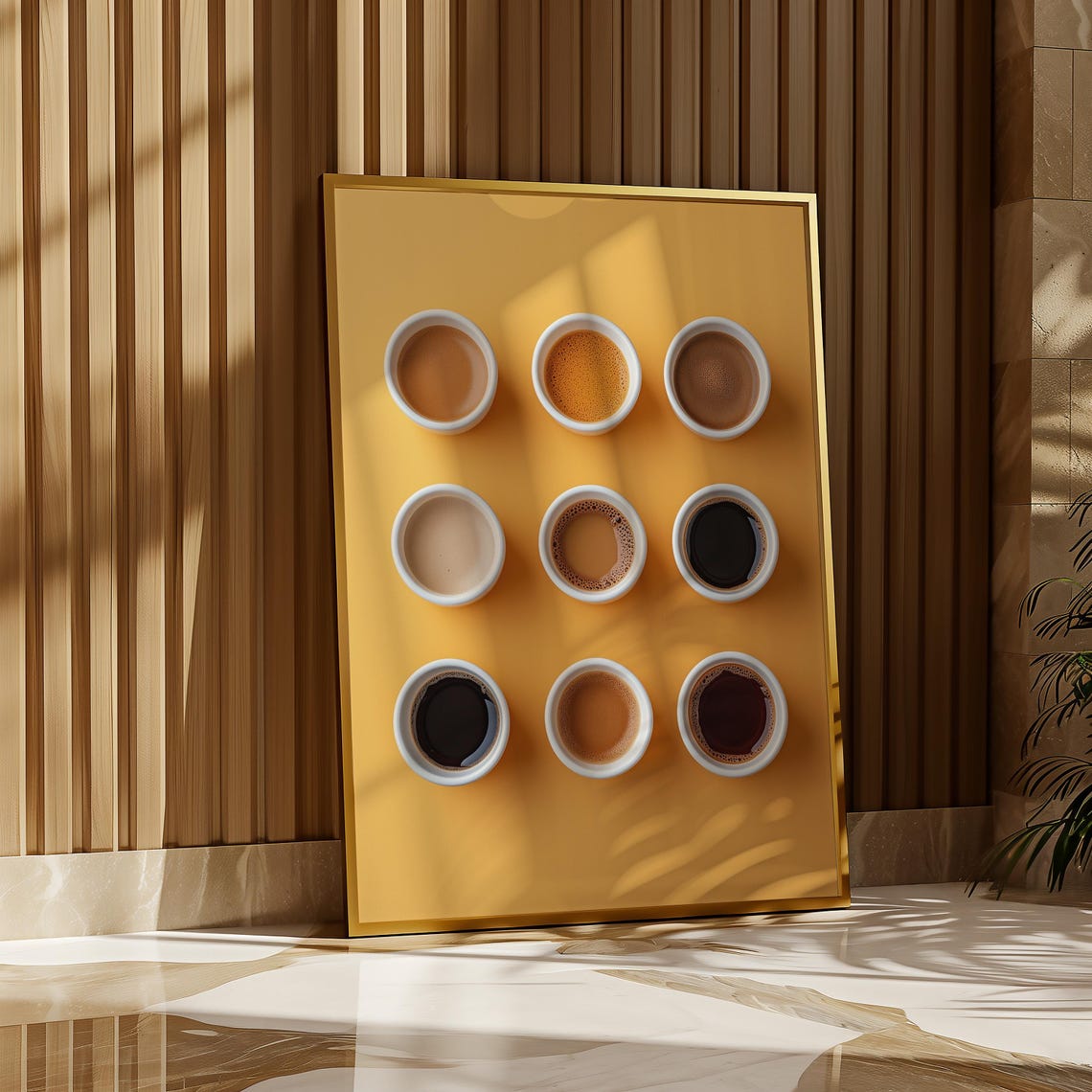Nine White Coffee Cups In A Grid On Warm Mustard Yellow Poster - Image 2