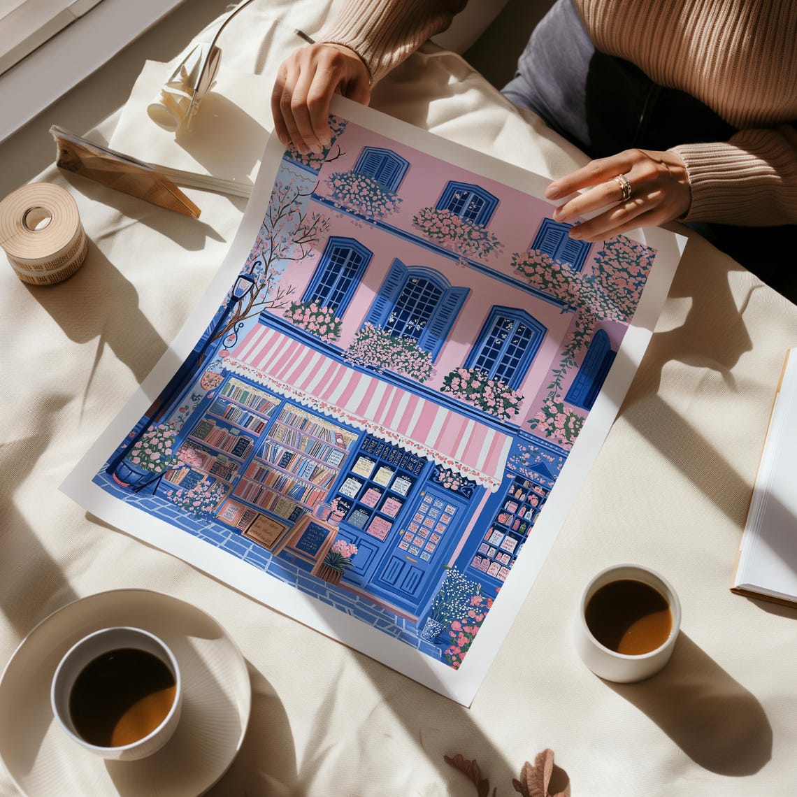 Pink Bookshop With Striped Awning Climbing Roses And Lantern Poster - Image 5
